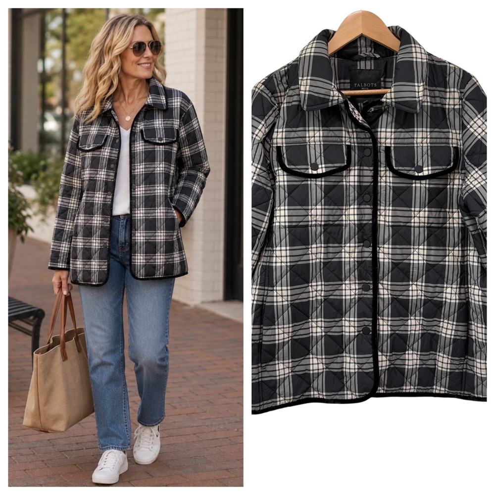Talbots Plaid Quilted Snap Front Jacket XLP Black White Velvet Trim Shacket